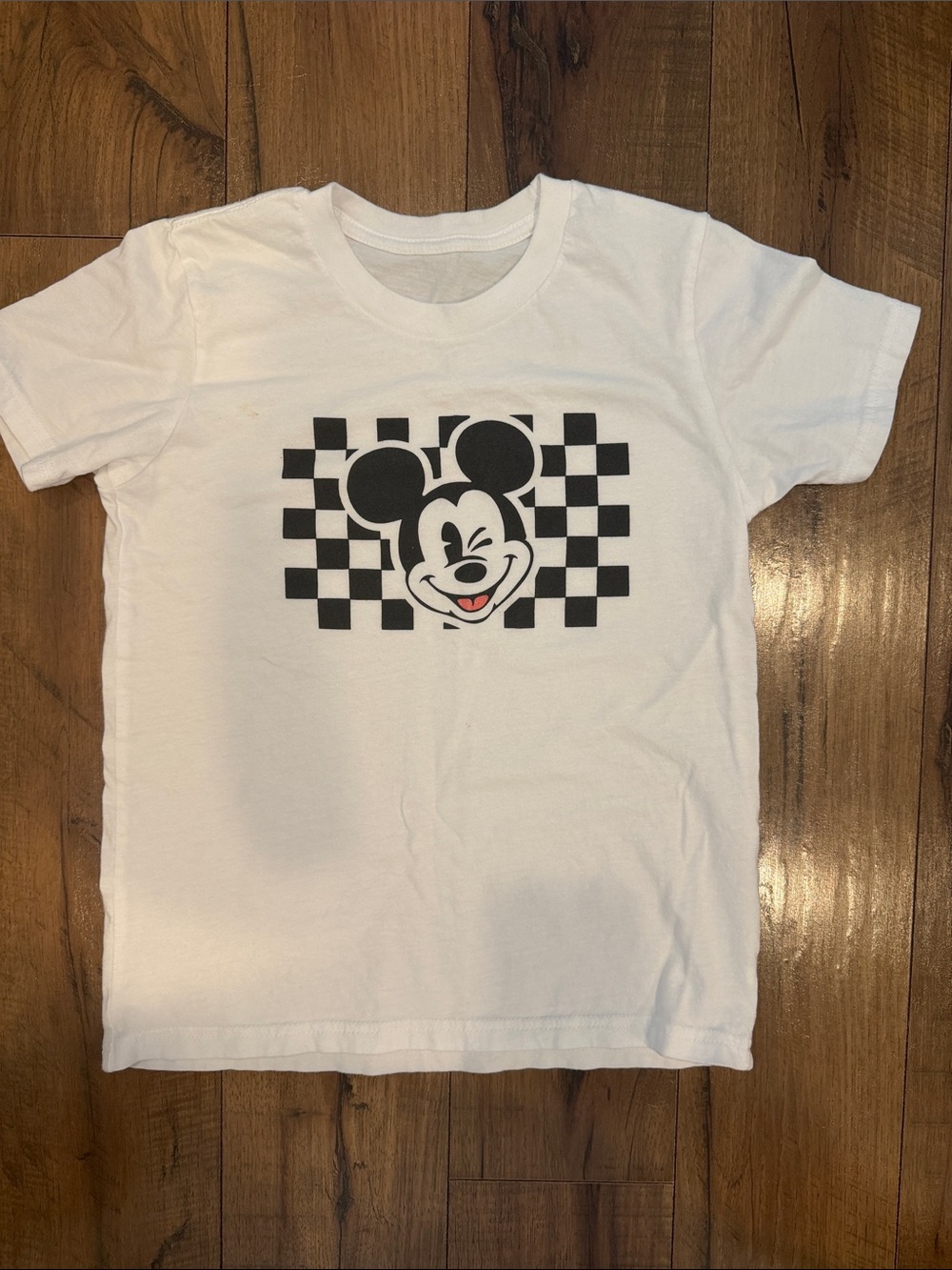 Kids White Graphic Tee with Black Checker Mickey Face